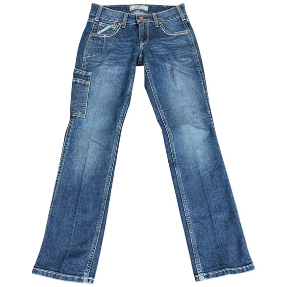 Ariat Rebar Mid Rise Straight Jeans Woman's Size 25x28 Blue Distressed Western - Picture 1 of 4